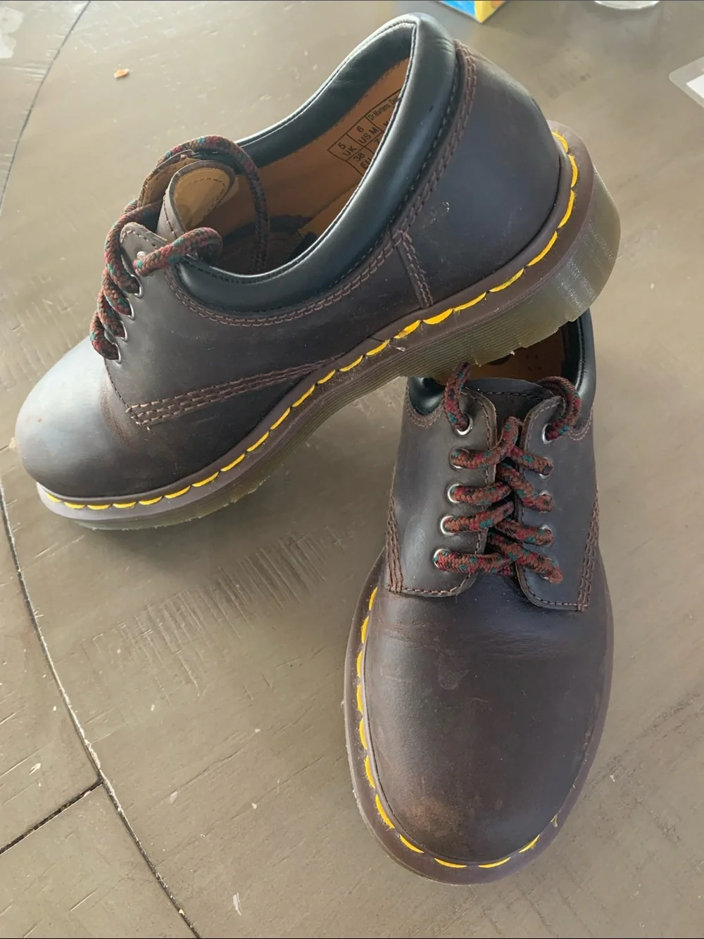 Dr. Martens Brown Leather 3-Eye Derby Shoes with Yellow Welt Stitching